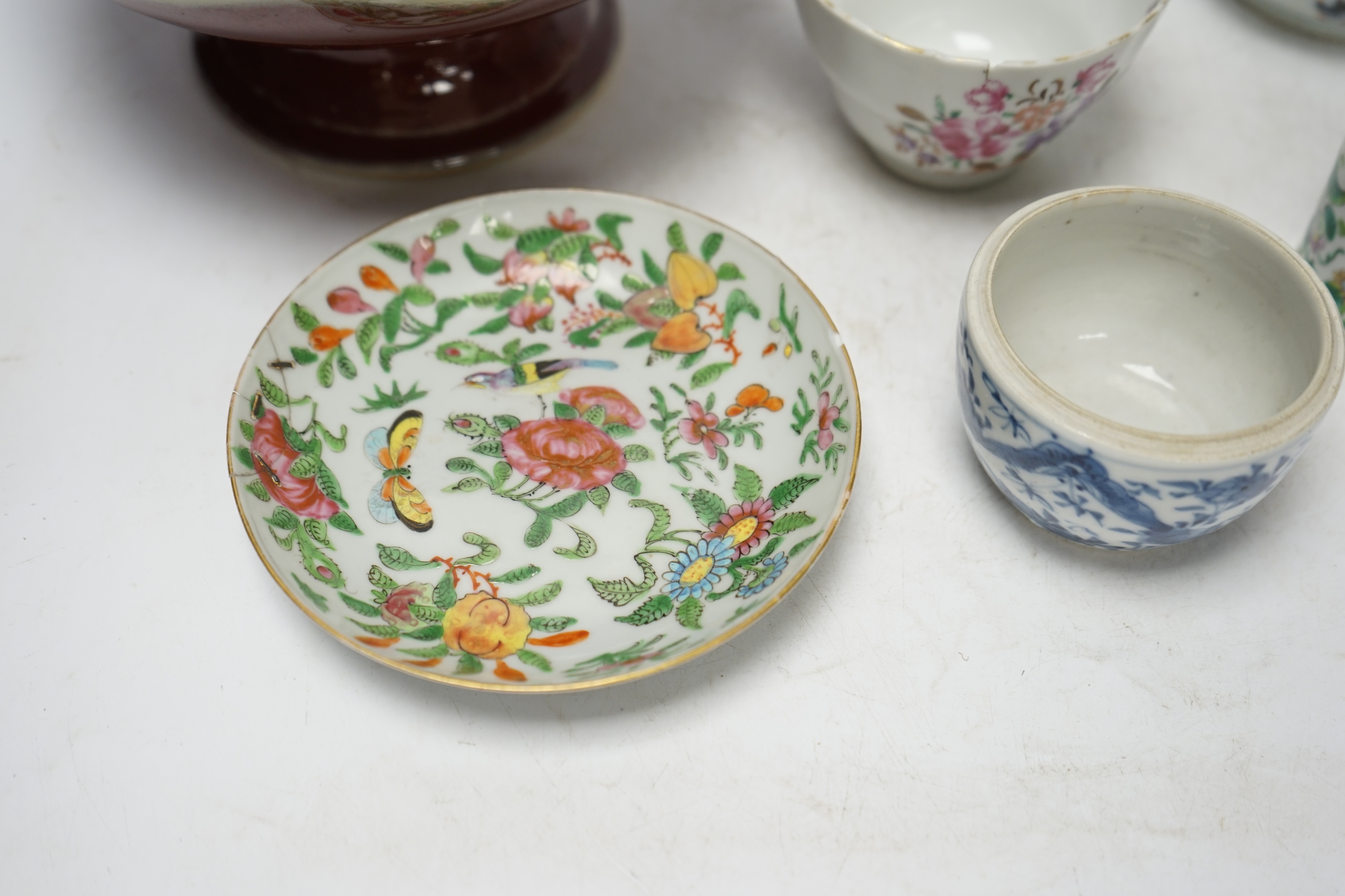 Chinese ceramics to include a sang de boeuf pedestal bowl and a famille rose dish, 20cm diameter. Condition - pedestal dish and one other good, others poor